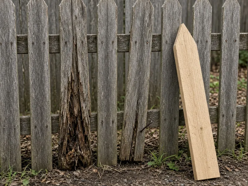 Rotted and split pickets with a new replacement picket leaning on the fence, Murfreesboro, TN