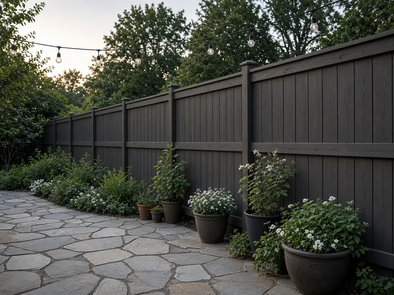 Solid gray-brown stained fence beside a stone patio