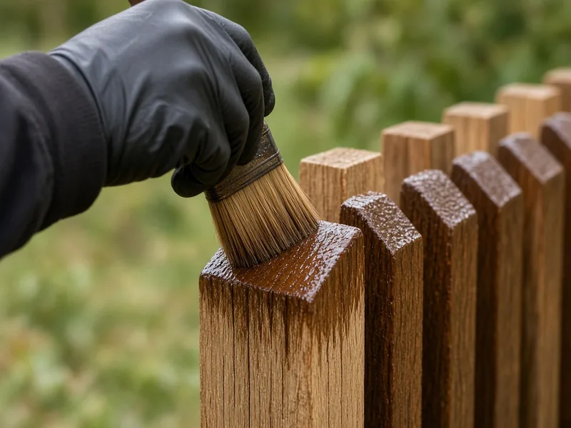 Gloved hand brushing stain into picket end grain, Murfreesboro, TN