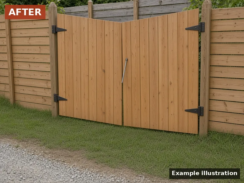 Example illustration: after — rebuilt cedar double gate hanging level, Murfreesboro, TN