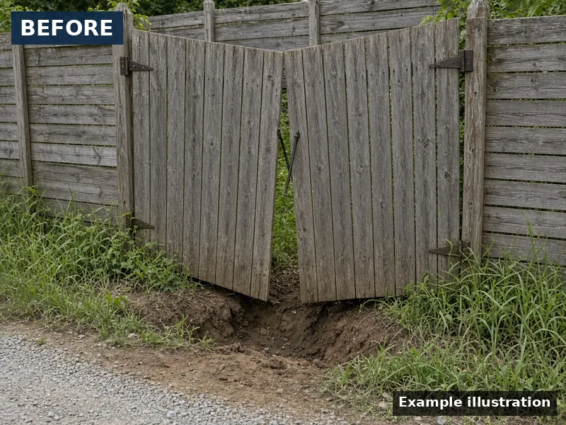 Example illustration: before — sagging weathered wood double gate gouging the ground, Murfreesboro, TN