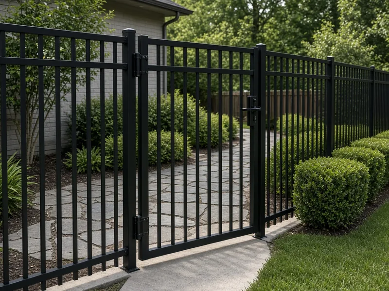 Repaired black aluminum walk gate hanging level on a side-yard path