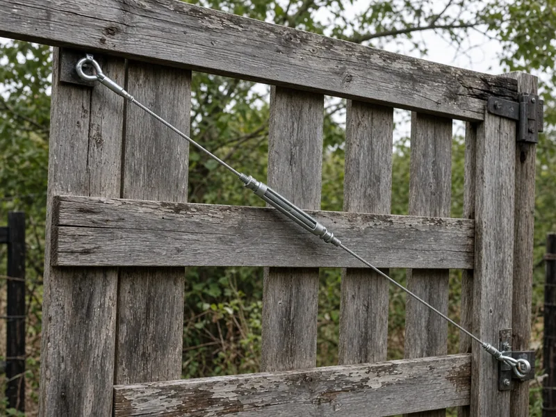 Cable and turnbuckle anti-sag kit across a racked wood gate, Murfreesboro, TN
