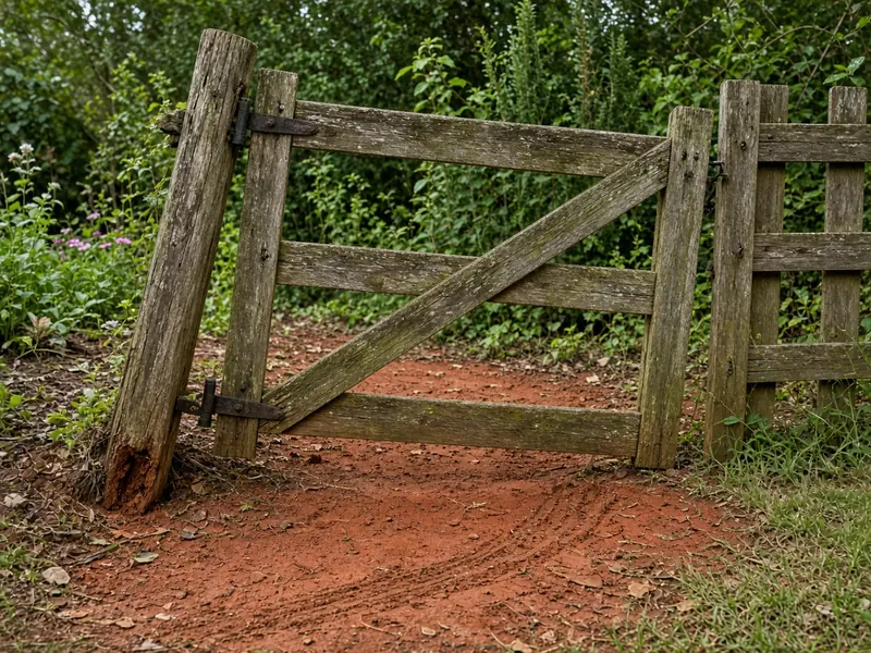 Leaning hinge post with a sagging wood gate dragging an arc in red clay, Murfreesboro, TN