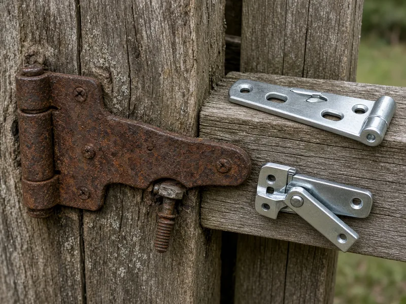 Rusty stripped hinge beside new galvanized hinge and latch hardware, Murfreesboro, TN