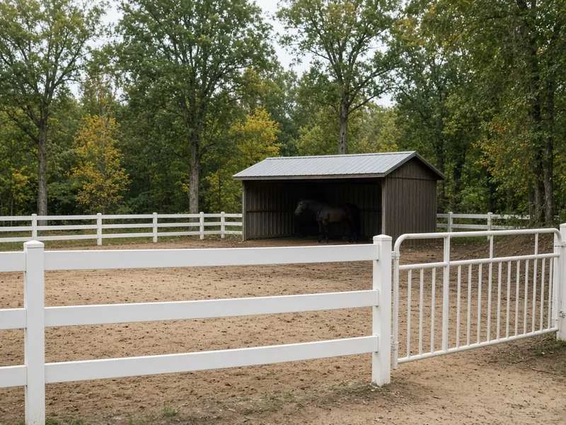 White vinyl rail dry lot and pipe gate by a run-in shed