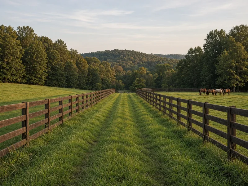 Grass alley between two runs of brown board horse fence