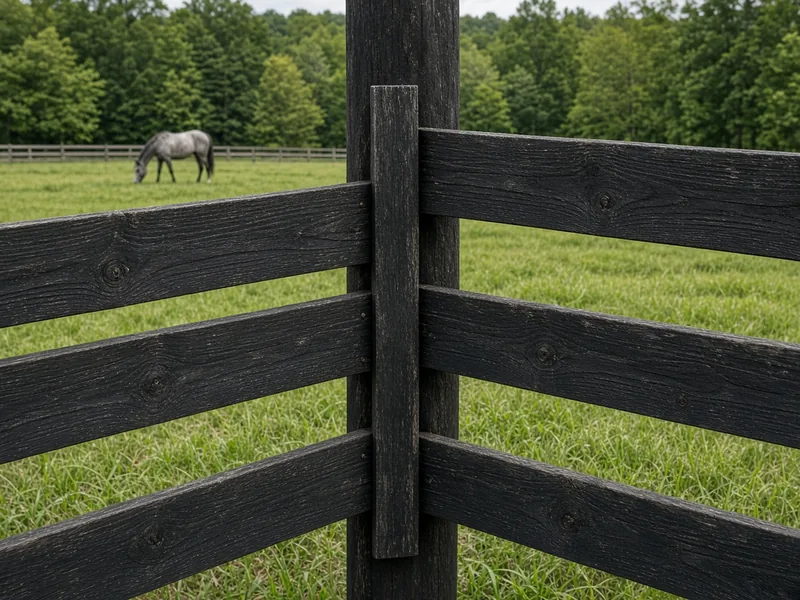 Black-stained three-board horse fence joint on a post with batten strip, Murfreesboro, TN