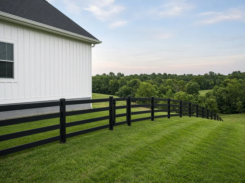 Black four-rail board fence curving across a green slope beside a farmhouse, Murfreesboro, TN