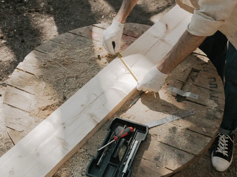 Gloved hands marking a cut on a new fence board with a tape measure and pencil, a tool tray beside it