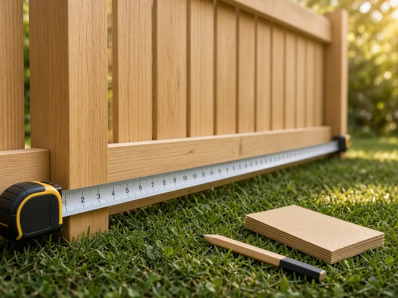 Example illustration: a tape measure stretched along the bottom rail of a new wood fence between two posts