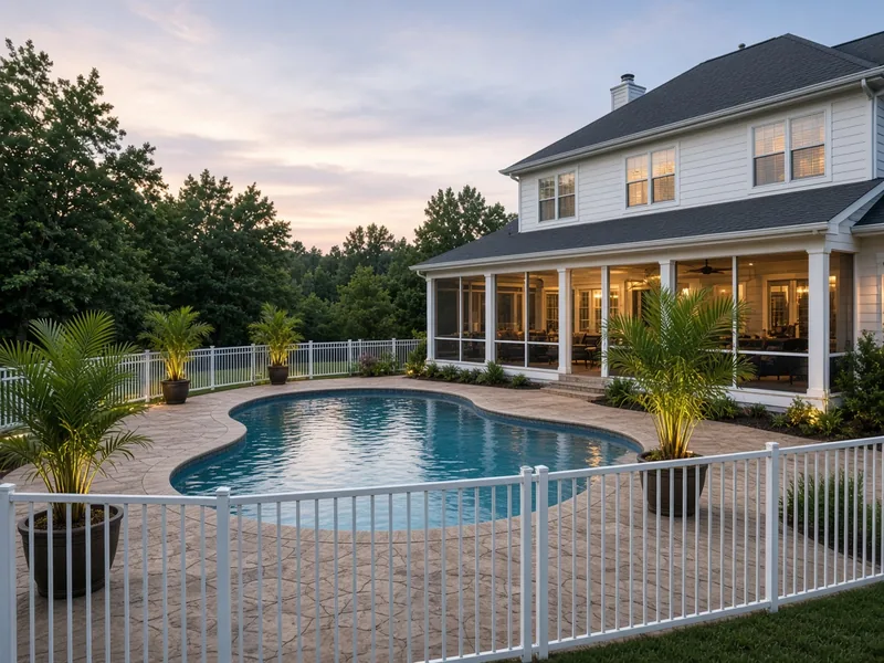 White aluminum pool fence around a kidney pool at dusk