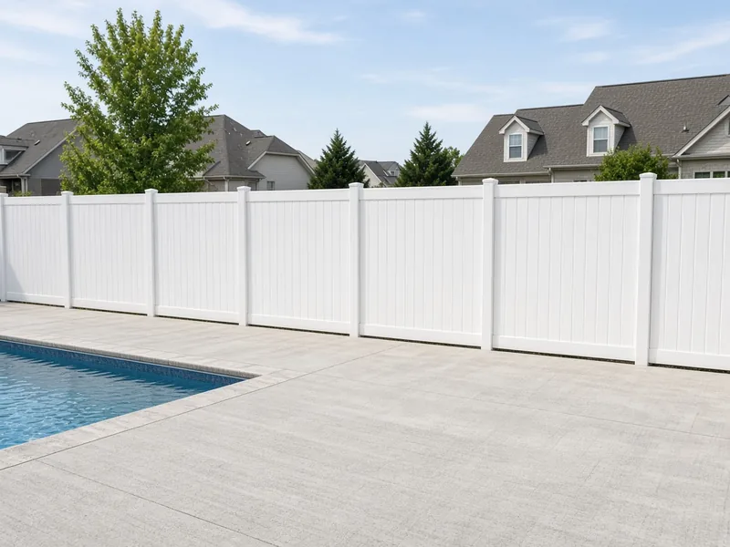 White vinyl privacy fence enclosing a subdivision pool deck, Murfreesboro, TN