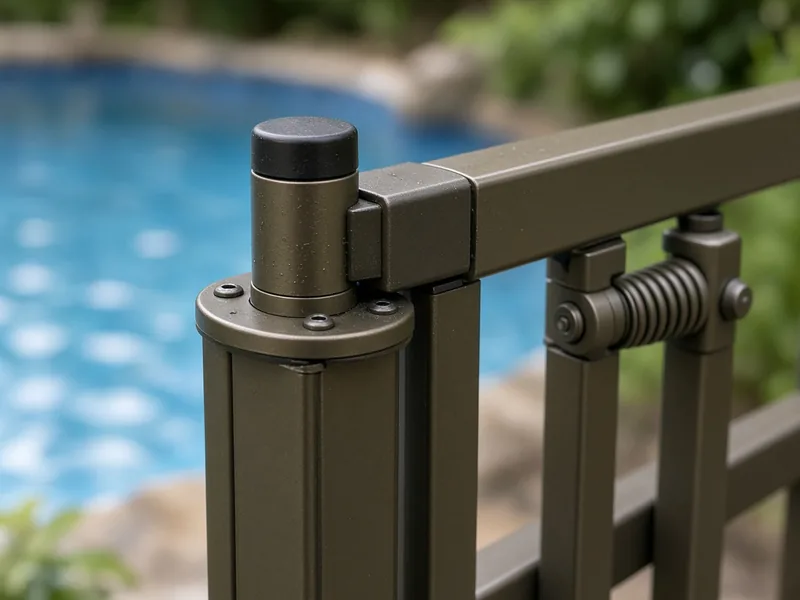 Self-closing spring hinge and gate hardware on a bronze pool gate, Murfreesboro, TN