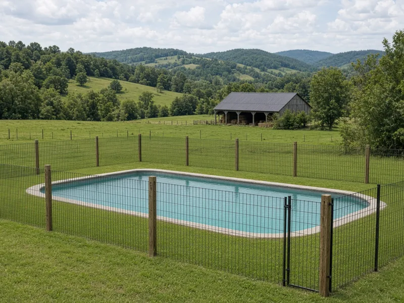 Welded wire pool fence on wood posts around a rural pool with hay barn, Murfreesboro, TN