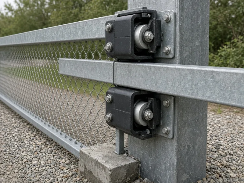 Cantilever slide gate roller trucks bolted to a steel post