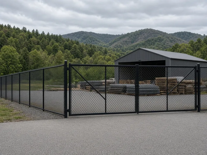 Black chain link security fence and gate at a contractor yard below wooded hills