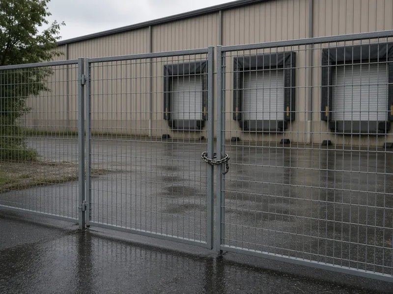 Welded mesh fence and chained double gate at a warehouse loading dock