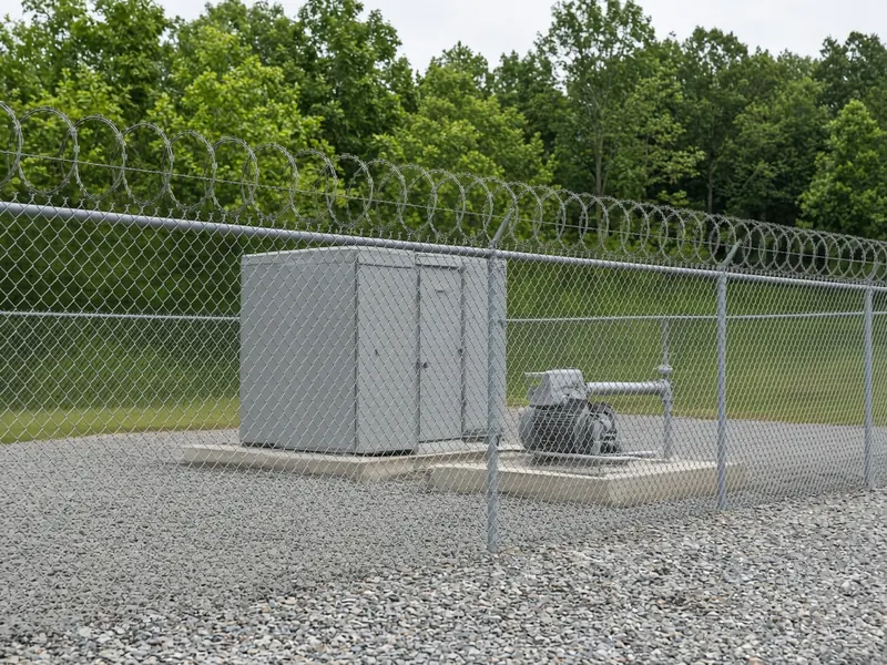 Concertina razor wire on chain link around a utility pump station, Murfreesboro, TN