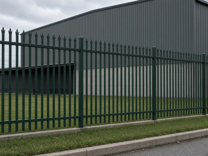 Green steel palisade fence along a warehouse frontage, Murfreesboro, TN