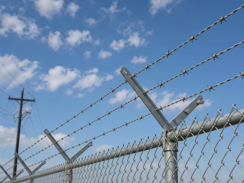 Barbed-wire arms on top of a tall galvanized chain link fence, Murfreesboro, TN