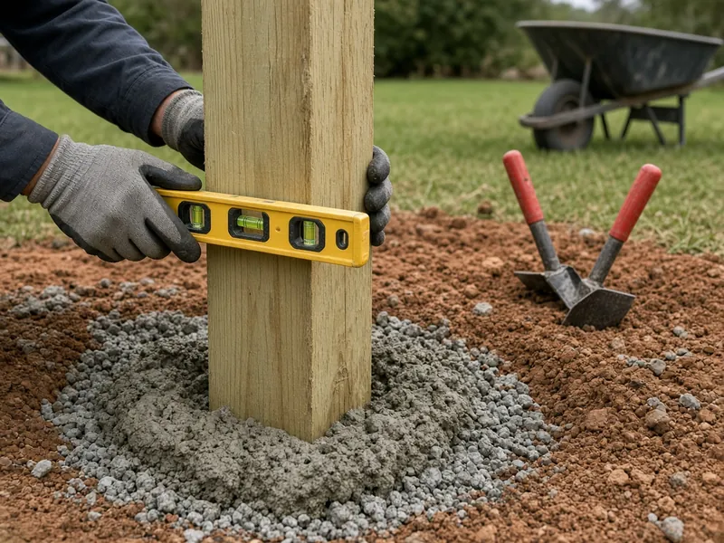 Example illustration: gloved hands holding a level against a new wood fence post set in concrete over crushed stone in red clay