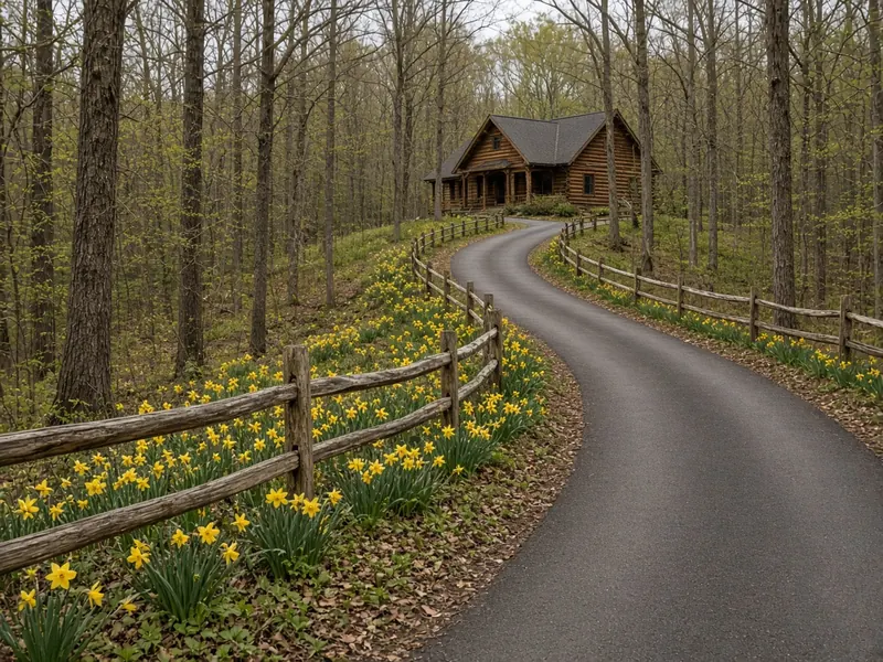Split rail fence lining a winding drive to a log home with daffodils