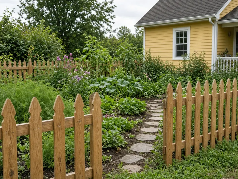 Stained gothic-top wood picket fence around a cottage vegetable garden