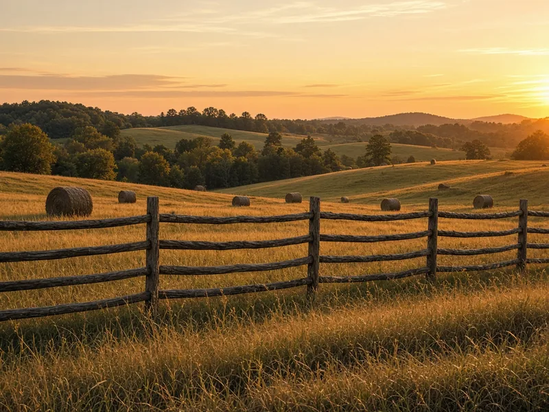 Four-rail split rail fence across a hay meadow at sunset