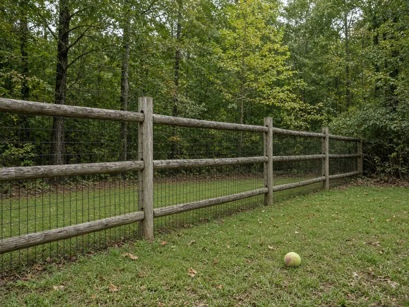 Split rail fence lined with black welded wire mesh around a wooded backyard, Murfreesboro, TN