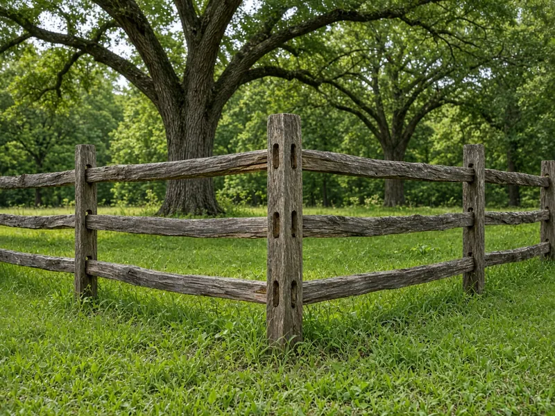 Two-rail and three-rail split rail sections meeting at a mortised post, Murfreesboro, TN