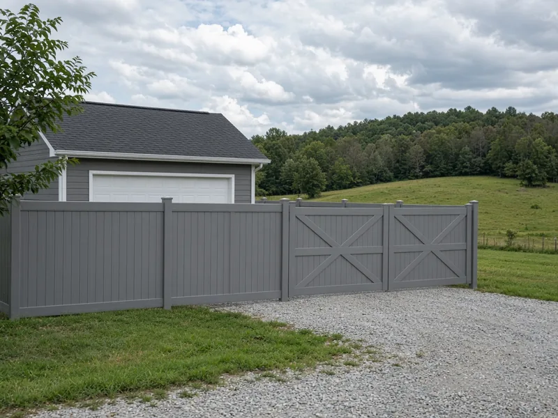 Gray vinyl privacy fence and double drive gate beside a detached garage