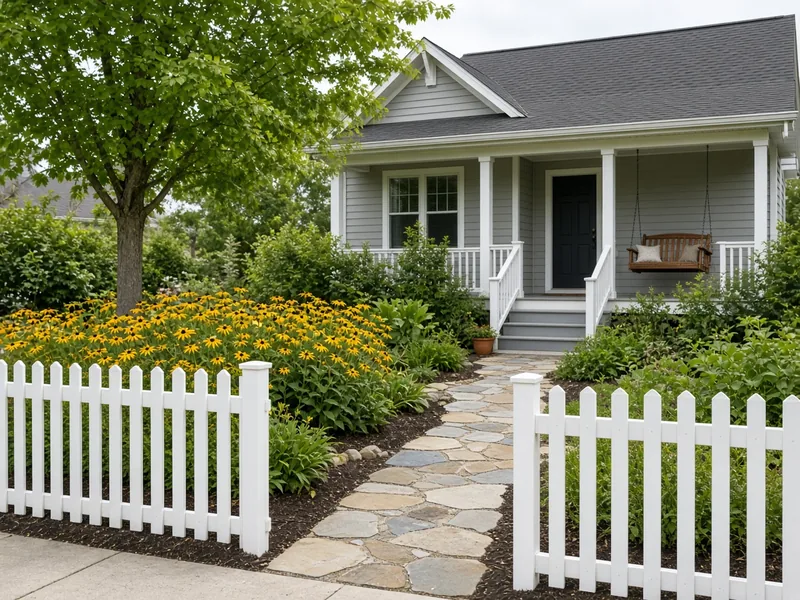 White vinyl picket fence at a cottage front yard with flagstone path