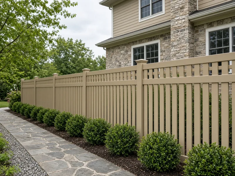 Khaki semi-private vinyl fence with open picket accent top along a side yard, Murfreesboro, TN