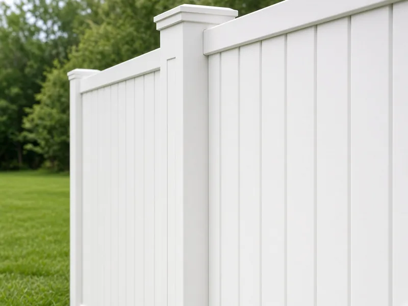 Close detail of solid white vinyl privacy panels and post cap, Murfreesboro, TN