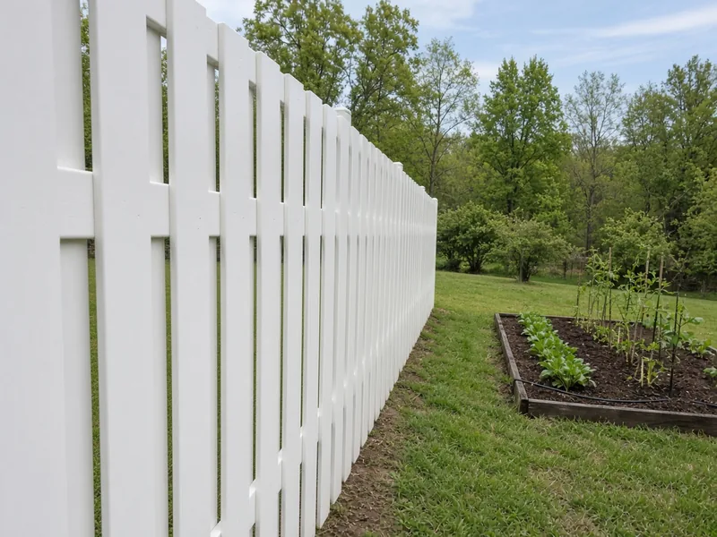 White vinyl shadowbox fence beside a vegetable garden, Murfreesboro, TN