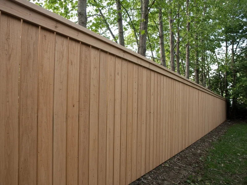 Solid board-on-board wood privacy fence with cap rail under tulip poplars, Murfreesboro, TN