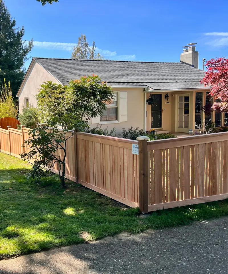 New wood privacy fence with a lattice-style top running along a green front lawn beside a house and young trees