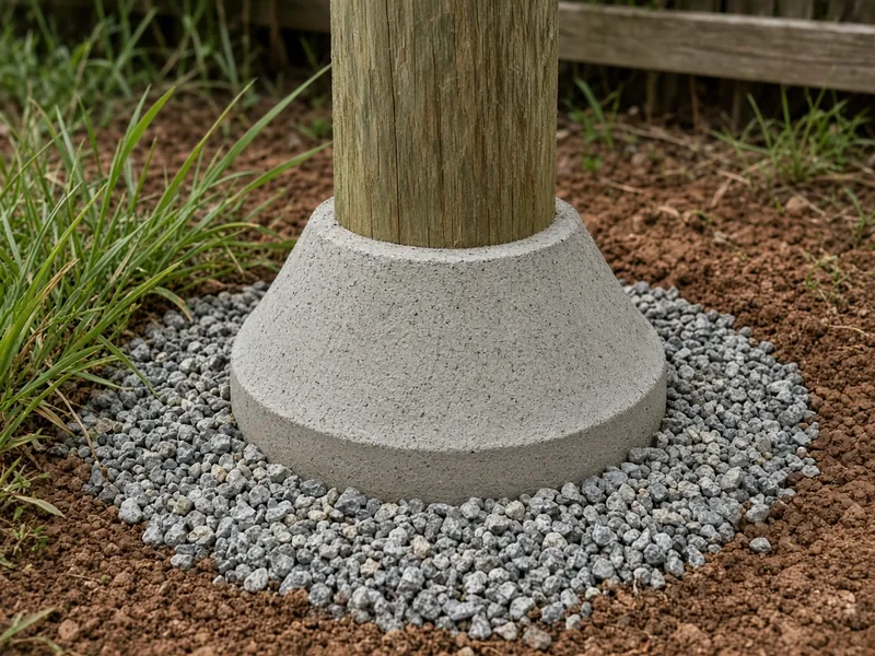Treated post base with crowned concrete collar and gravel ring