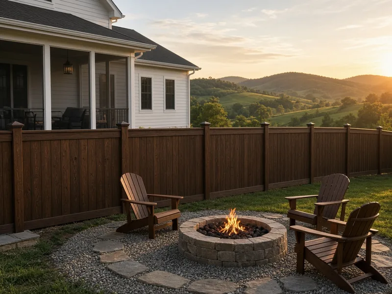 Finished dark-stained wood privacy fence around a backyard fire pit with hills beyond