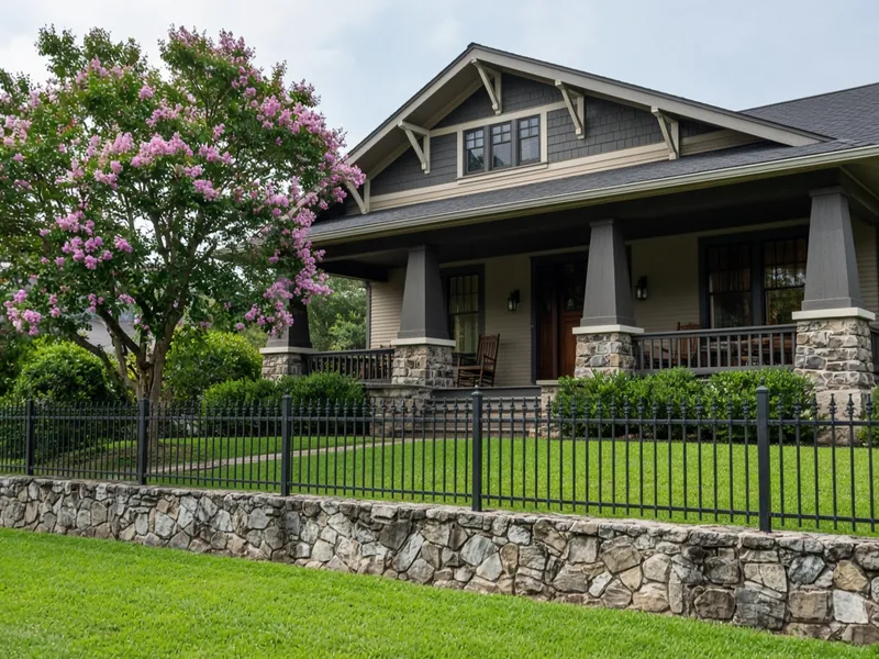 Black iron fence on a stone retaining wall at a craftsman bungalow