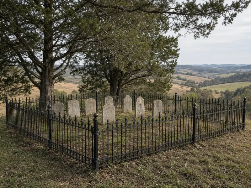 Black iron fence around a small family cemetery plot under cedars