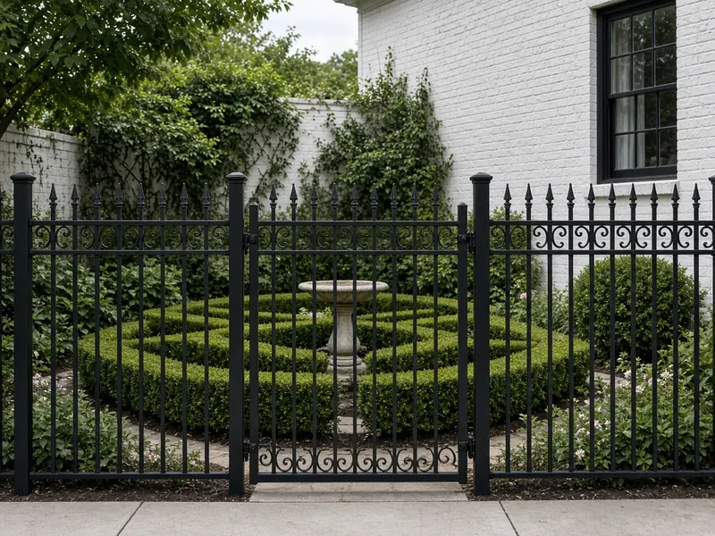Iron fence and gate around a formal boxwood courtyard garden
