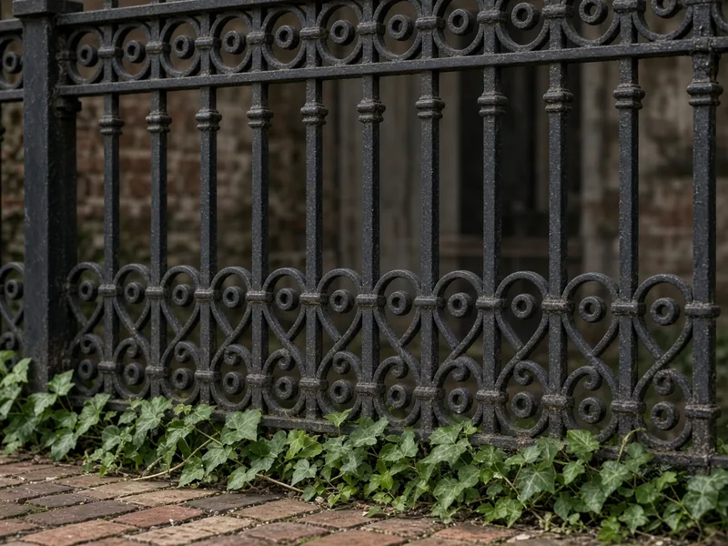 Ornamental iron fence with scrollwork above ivy and old brick, Murfreesboro, TN