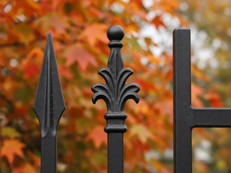 Spear, finial and flat-top iron picket tops against autumn maple, Murfreesboro, TN