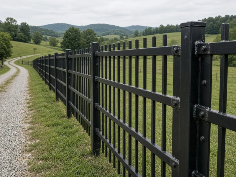 Welded black steel fence panels bolted to square posts along a gravel drive, Murfreesboro, TN
